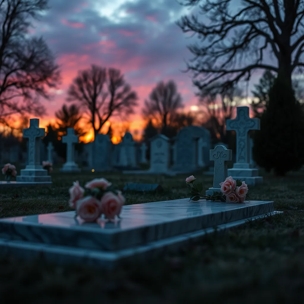 Monument funéraire en marbre orné de roses sous un coucher de soleil pour travaux de marbrerie