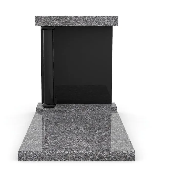 Monument funéraire moderne en granit gris et noir soutenu par une colonne design