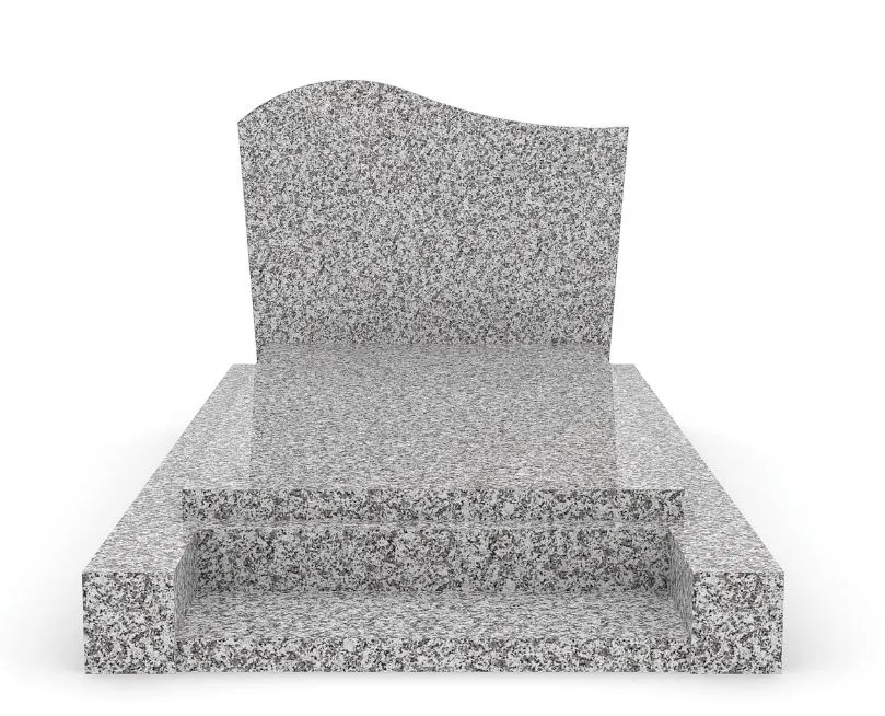 Monument funéraire classique en granit gris clair avec stèle à la découpe ondulée