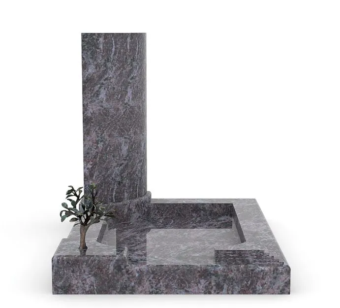 Monument cinéraire en granit gris foncé avec stèle cylindrique et petit arbre métallique