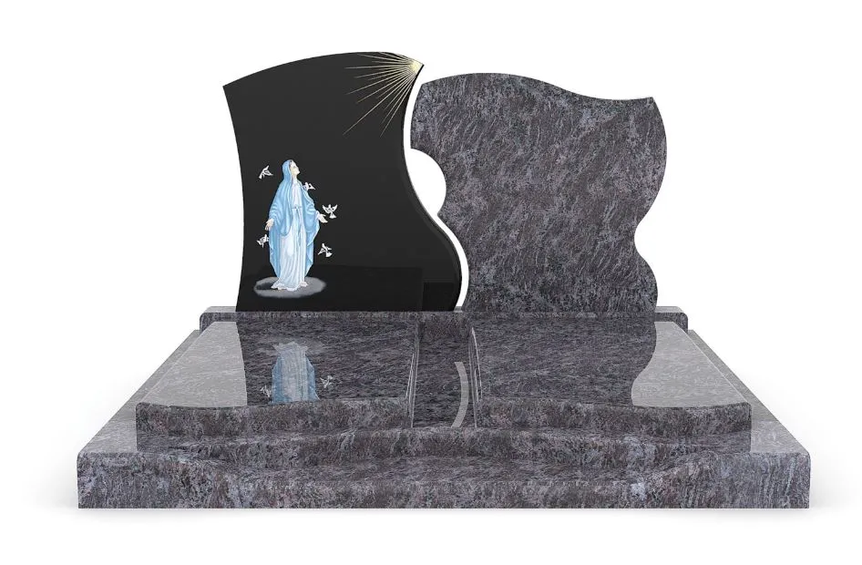 Monument funéraire bicolore orné d'une illustration de la Vierge Marie et de colombes