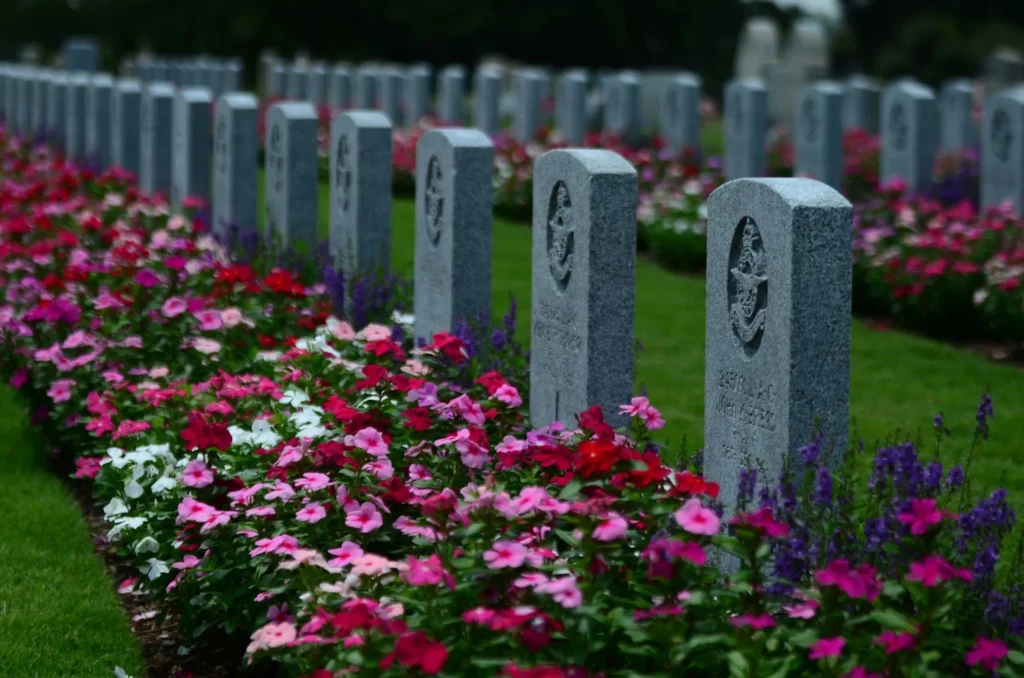Alignement de stèles mortuaires bordées de massifs de fleurs parfaitement entretenus